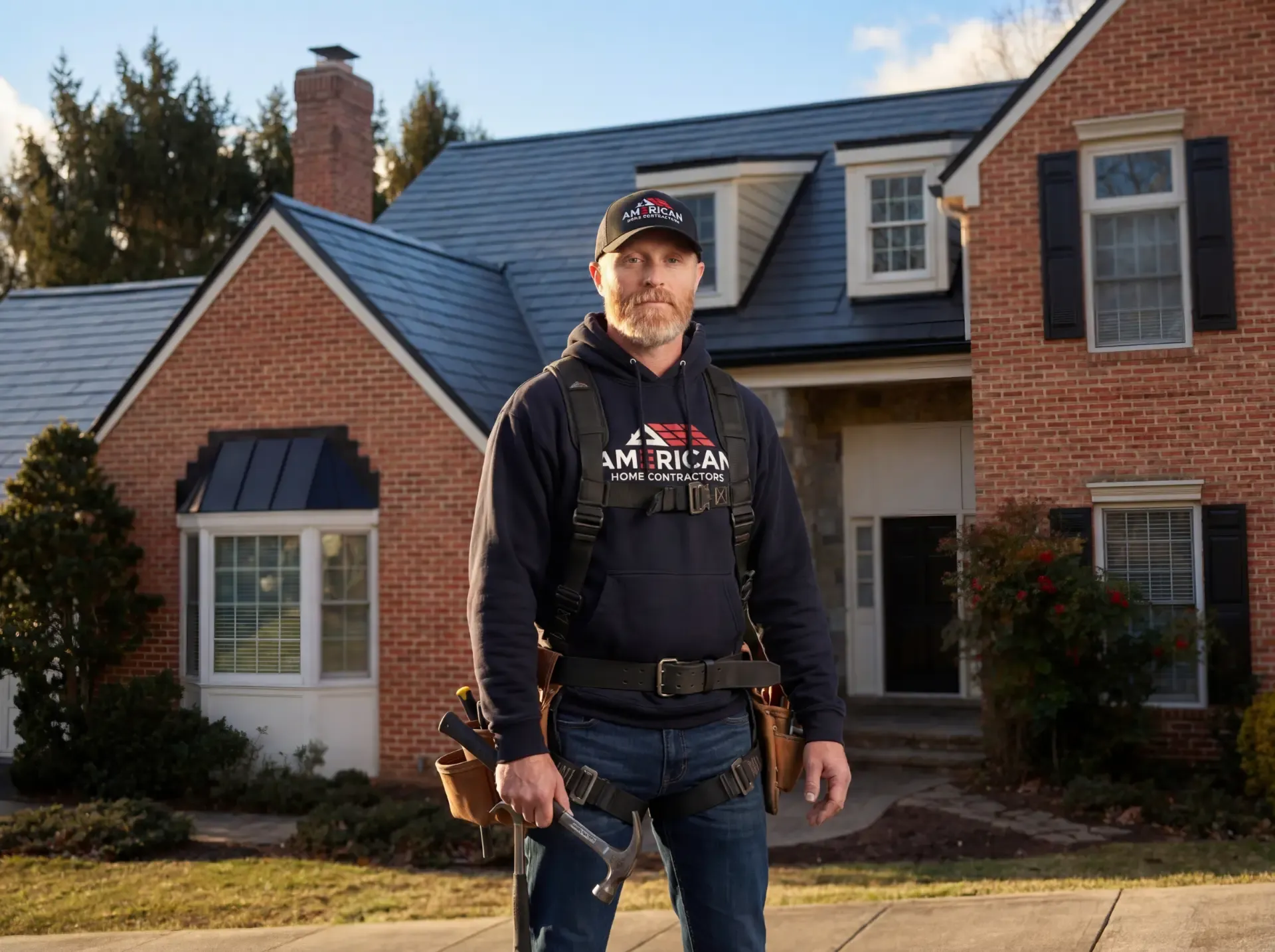 roofer portrait brick home by American Home Contractors near Oakton