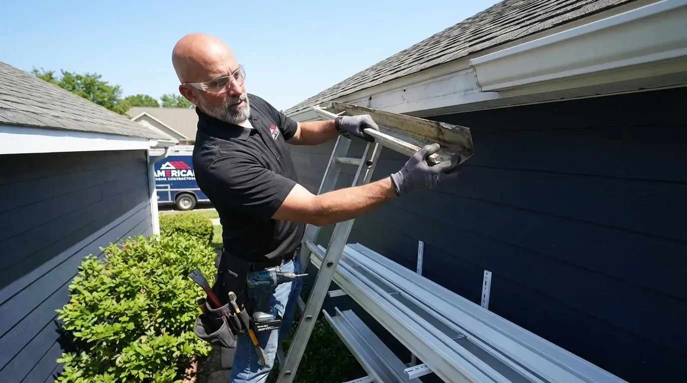 gutter removal tech ladder by American Home Contractors near Harford County
