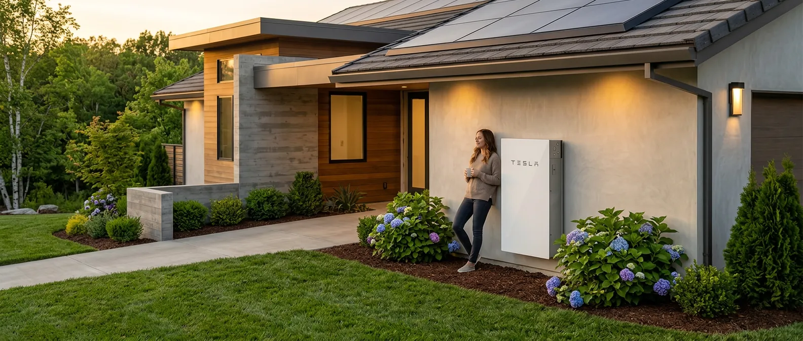 Homeowner beside a wall-mounted Tesla Powerwall installed by American Home Contractors, a Tesla Powerwall installer in Maryland and Virginia