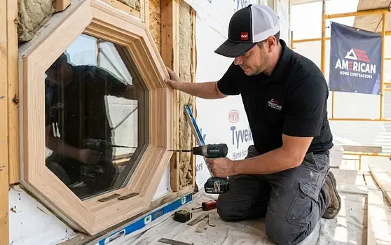 American Home Contractors window contractor installing a custom octagon wood window during a Maryland window replacement