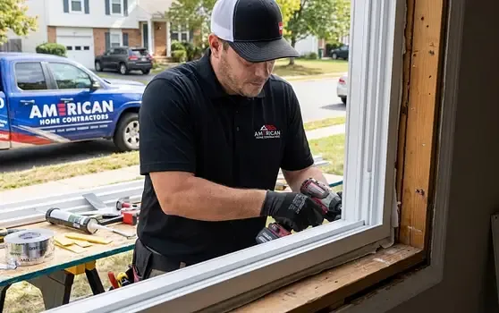 American Home Contractors technician completing a window replacement at a Virginia home with the AHC truck outside
